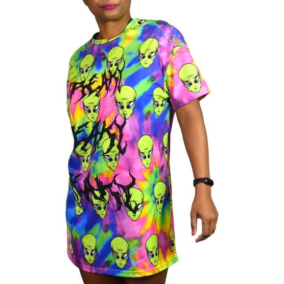 ASOS Freaky Alien Dress Green Tie Dye Oversized Shirt Graphic Mini Neon Size 2 - Picture 12 of 16